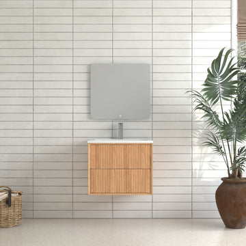 24 in. Floating Bathroom Vanity Set, Wall-Mounted Solid Wood Cabinet with 2 Push-Open Drawers, White Resin Integrated Basin