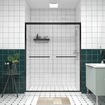 56-60 in. x74 in. Aluminum Frame Double Sliding Shower Door, 1/4 in. (6mm) Clear Tempered Glass, Matte Black Hardware, Bypass Shower Enclosure