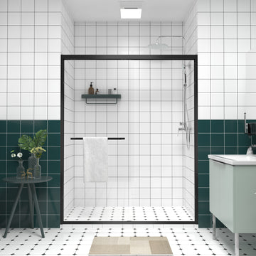56-60 in. x74 in. Aluminum Frame Double Sliding Shower Door, 1/4 in. (6mm) Clear Tempered Glass, Matte Black Hardware, Bypass Shower Enclosure