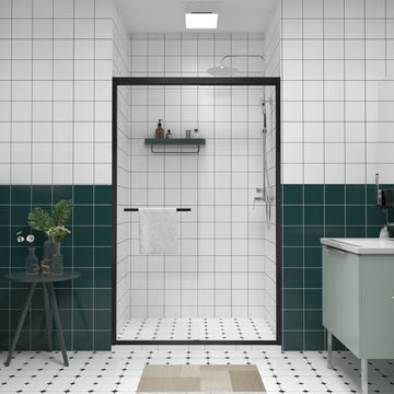 44-48 in. x76 in. Aluminum Frame Double Sliding Shower Door, 1/4 in. (6mm) Clear Tempered Glass, Matte Black Hardware, Bypass Shower Enclosure