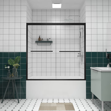 56-60 in. x58 in. Aluminum Frame Double Sliding Bathtub Screen, 1/4 in. (6mm) Clear Tempered Glass, Matte Black Hardware, Bypass Tub Enclosure