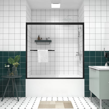56-60 in. x58 in. Aluminum Frame Double Sliding Bathtub Screen, 1/4 in. (6mm) Clear Tempered Glass, Matte Black Hardware, Bypass Tub Enclosure