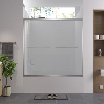 56-60 in. x58 in. Aluminum Frame Double Sliding Bathtub Screen, 1/4 in. (6mm) Clear Tempered Glass, Chrome Hardware, Bypass Tub Enclosure