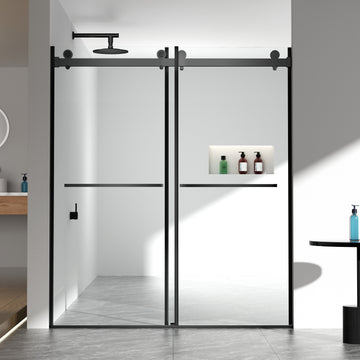 56-60 in. W x 70 in. H Frameless Double Sliding Shower Door, 5/16 in. (8mm) SGCC Tempered Glass, Matte Black Nickel, Easy Clean Coat, Buffer System