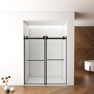 56-60 in. W x 70 in. H Frameless Double Sliding Shower Door, 5/16 in. (8mm) Laminated Tempered Glass, Matte Black, Easy Clean Coat, Buffer System