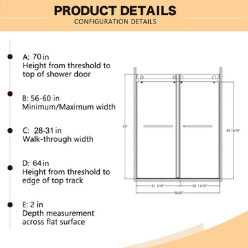 56-60 in. W x 70 in. H Frameless Double Sliding Shower Door, 5/16 in. (8mm) Laminated Tempered Glass, Matte Black, Easy Clean Coat, Buffer System