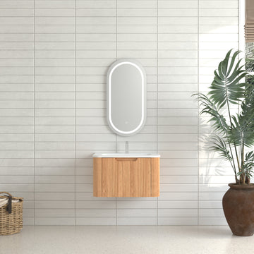 24 in. Wall-Mounted Floating Bathroom Vanity, Pre-Assembled Curved Edge Cabinet in Natural Walnut with White Ceramic Basin, Soft-Close Drawer
