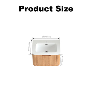 24 in. Wall-Mounted Floating Bathroom Vanity, Pre-Assembled Curved Edge Cabinet in Natural Walnut with White Ceramic Basin, Soft-Close Drawer