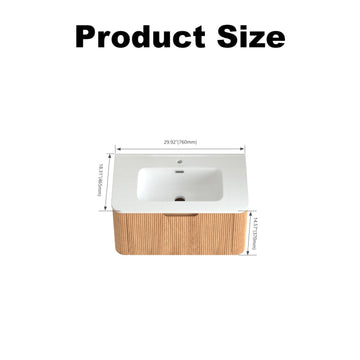 30 in. Wall-Mounted Floating Solid Wood Bathroom Vanity, Pre-Assembled Curved Edge Cabinet in Natural Walnut with White Ceramic Basin, Soft-Close Drawer