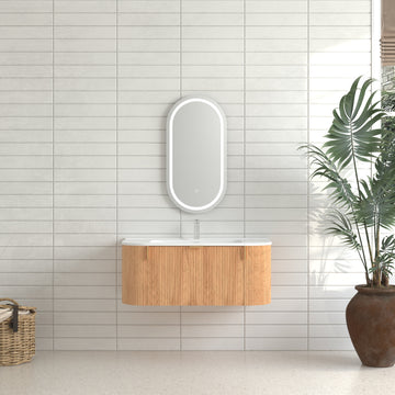 36 in. Solid Wood Wall-Mounted Floating Bathroom Vanity with Curved Edges & Striped Front, 2 Side Drawers, White Ceramic Basin, Pre-Assembled, Walnut Finish (Faucet Not Included)