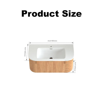 36 in. Solid Wood Wall-Mounted Floating Bathroom Vanity with Curved Edges & Striped Front, 2 Side Drawers, White Ceramic Basin, Pre-Assembled, Walnut Finish (Faucet Not Included)