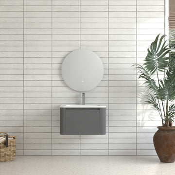 24 in. Grey Wall-Mounted Floating Bathroom Vanity with Soft-Close Drawer, White Ceramic Integrated Basin, PET Waterproof Finish, Pre-Drilled for Easy Installation