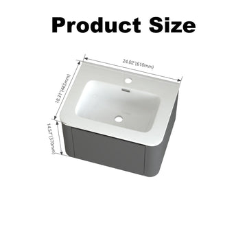 24 in. Grey Wall-Mounted Floating Bathroom Vanity with Soft-Close Drawer, White Ceramic Integrated Basin, PET Waterproof Finish, Pre-Drilled for Easy Installation