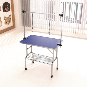 36 Inch Foldable Dog Grooming Table with Adjustable Arm and Storage Basket