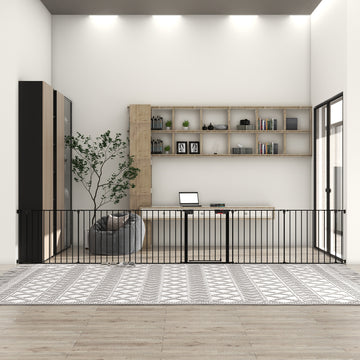 150 Inch Configurable Pet Gate with Walk Through Door 6 Panels for Home and Yard