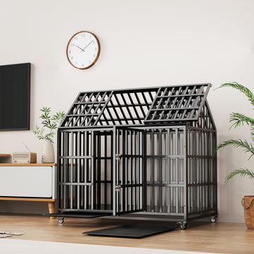 55 Inch Large Dog Crate with Double Doors Lockable Wheels for Indoor Outdoor Yard Use