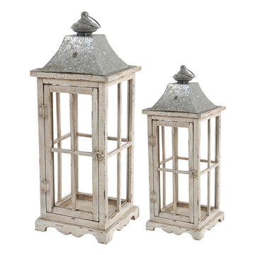 Off White Wooden Metal Candle Lantern Set of 2 Decorative Hurricane Lantern for Home Decor