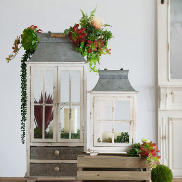 Off White Wooden Metal Candle Lantern Set of 2 Decorative Hurricane Lantern for Home Garden