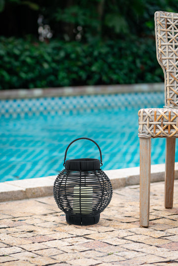 Black Poly Rattan Lantern with White LED Candle