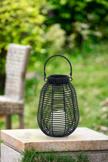 Black Poly Rattan Lantern with White LED Candle