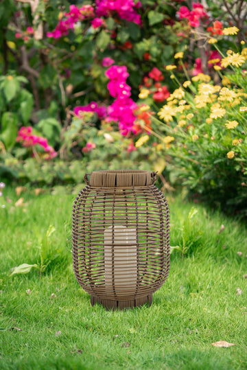 Brown Poly Rattan Lantern with White LED Candle