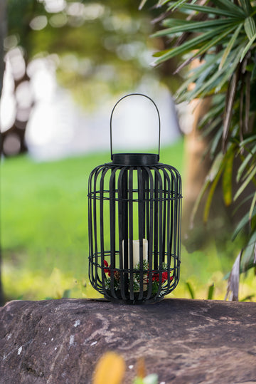 Black Bamboo Lantern with White LED Candle