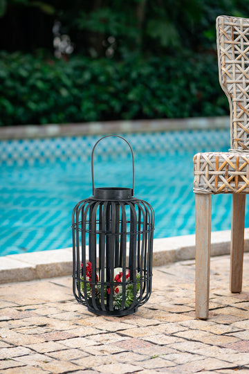 Black Bamboo Lantern with White LED Candle