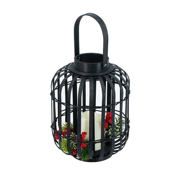 Black Bamboo Lantern with White LED Candle