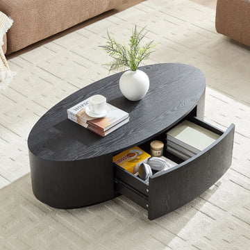 Modern Luxury Oval Coffee Table, Matte Black MDF with Storage Drawer for Living Room Accent