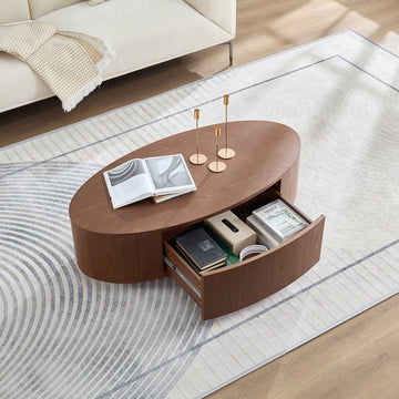 Modern Luxury Oval Coffee Table, Dark Walnut MDF with Storage Drawer for Living Room Accent