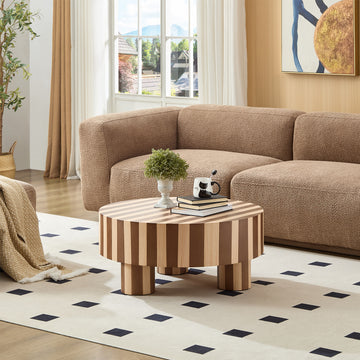 Round Wood Coffee Table with Red Oak Veneer, Natural Striped Finish for Living Room Accent
