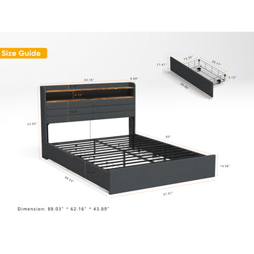 Queen Bed Frame with LED Headboard, Charging Station and 4 Storage Drawers