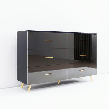 High Gloss Black Six Drawer Chest with Golden Handles and Steel Legs Modern Wide Storage Cabinet