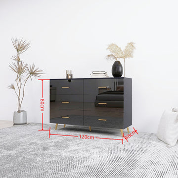 High Gloss Black Six Drawer Chest with Golden Handles and Steel Legs Modern Wide Storage Cabinet