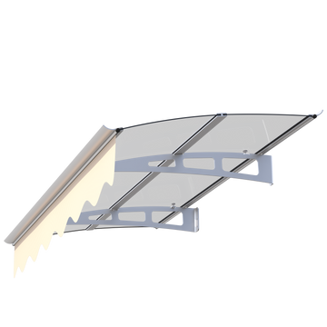Door Window Awning Canopy Made of 0.137Inch Thick Crystal Solid Polycarbonate Sheet and Aluminum Alloy with Valance in size of 59 Inches Wide x 34 Inches Deep for Masonry Concrete Wall House only.