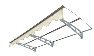 Door Window Awning Canopy Made of 0.137Inch Thick Crystal Solid Polycarbonate Sheet and Aluminum Alloy with Valance in size of 79 Inches Wide x 34 Inches Deep for Wooden Wall House only.