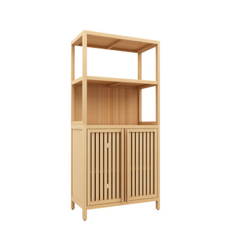 Bamboo Storage Cabinet with Double Doors Freestanding Floor Cabinet Organizer with Open Shelf for Bathroom Living Room Kitchen Entryway Neutral