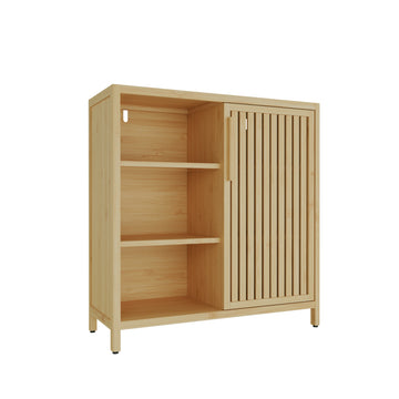 Large Capacity Single Door Bamboo Storage Cabinet with Open Shelves Slim Freestanding Organizer for Bathroom Living Room and Small Spaces Natural