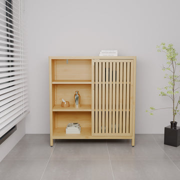 Large Capacity Single Door Bamboo Storage Cabinet with Open Shelves Slim Freestanding Organizer for Bathroom Living Room and Small Spaces Natural