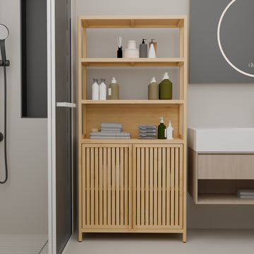 64 Inch Tall Bamboo Storage Cabinet with Double Doors Multi Scene Use Organizer with Drawers and Adjustable Shelves Natural
