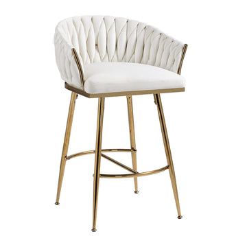 26 Inch Velvet Counter Height Bar Stool with Hand Wave Back and Golden Base for Kitchen Island Beige