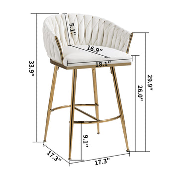 26 Inch Velvet Counter Height Bar Stool with Hand Wave Back and Golden Base for Kitchen Island Beige