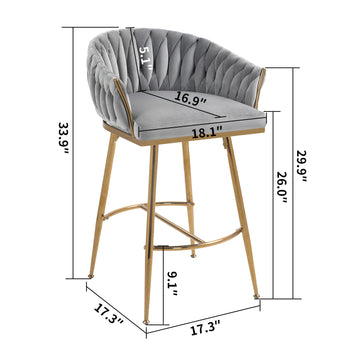 26 Inch Velvet Counter Height Bar Stool with Hand Wave Back and Golden Base for Kitchen Island Grey