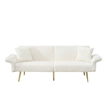 79 Inch White Corduroy Foldable Sofa Bed with Adjustable Armrests for Living Room and Small Spaces