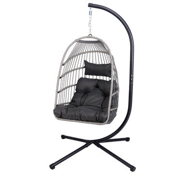 Light Gray Hanging Egg Chair with Stand Patio Wicker Swing with Black Cushion