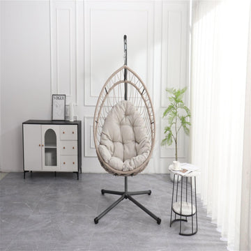 Linen Gray Hanging Egg Chair with Stand Outdoor Patio Wicker Swing with Cushion