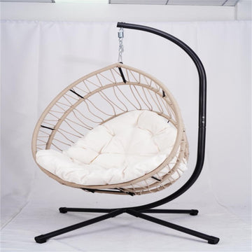 Beige Hanging Egg Chair with Stand Outdoor Patio Swing with Cushion and Pillow