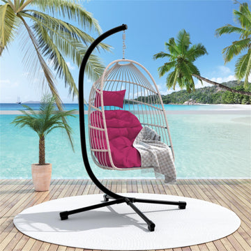 Rose Red Foldable Hanging Egg Chair with Stand HDPE Rattan Outdoor Patio Swing