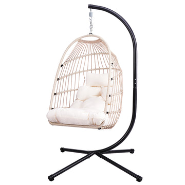 Foldable Hanging Egg Chair with Stand Beige HDPE Rattan with Cushion and Pillow