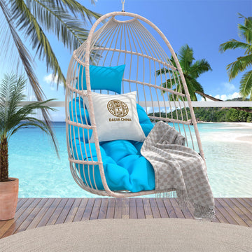 Blue PE Rattan Hanging Egg Swing Chair with Foldable Design and Cushion